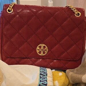 Tory Burch Red Quilted Shoulder Bag with Gold Chain